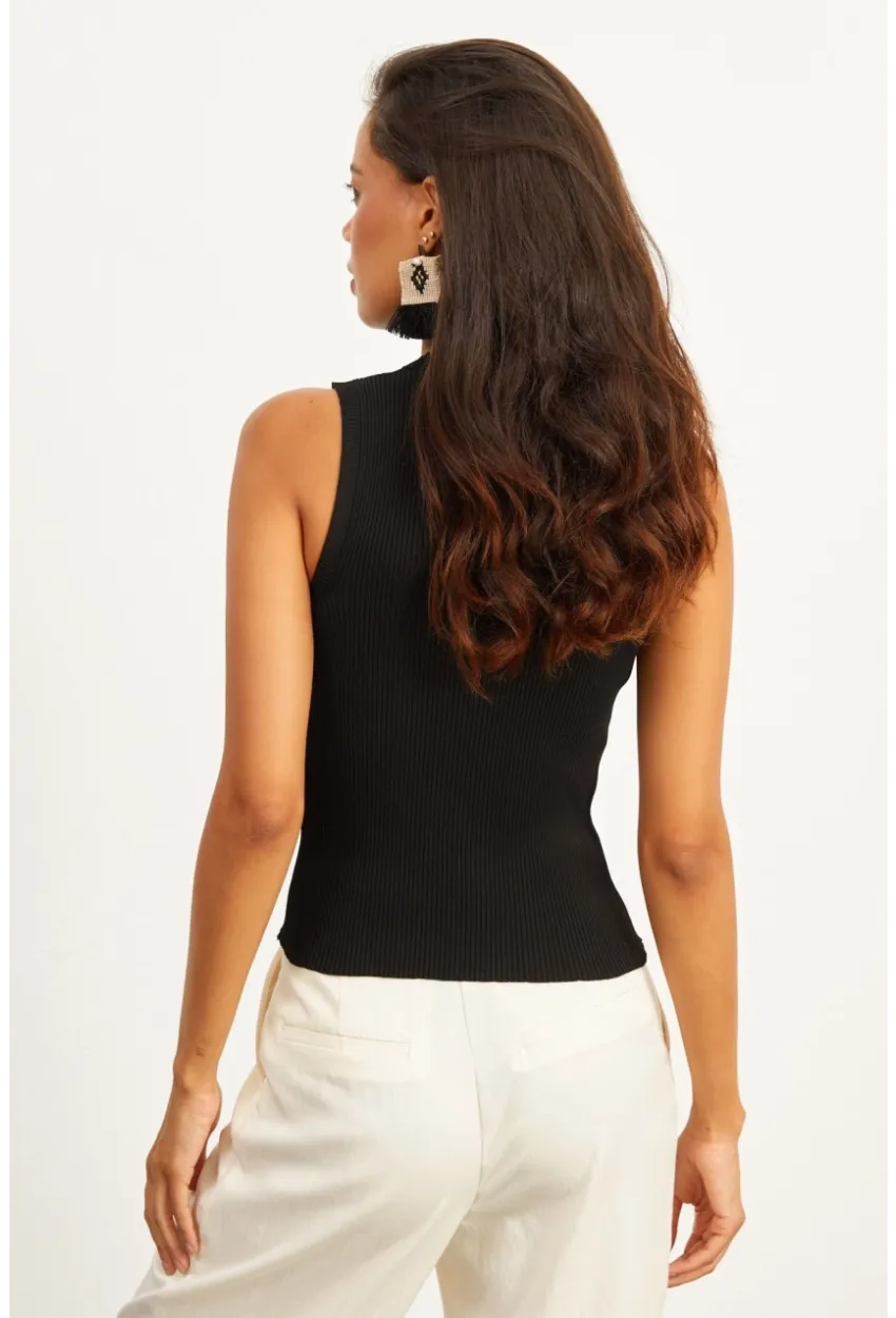 Kadın Siyah Bisiklet Yaka Triko Bluz YV91