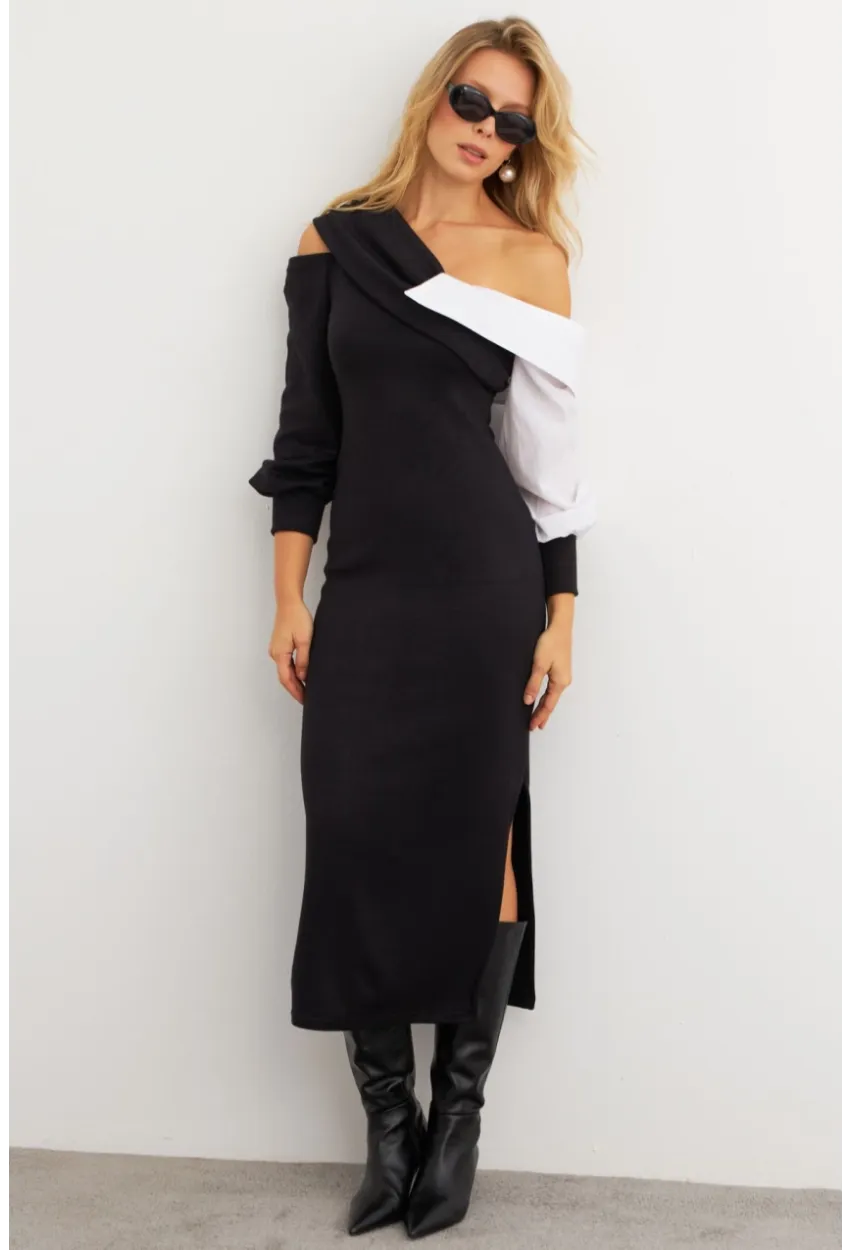 Kadın Siyah Blok Kumaşlı Asimetrik Yaka Maxi Elbise KED4469
