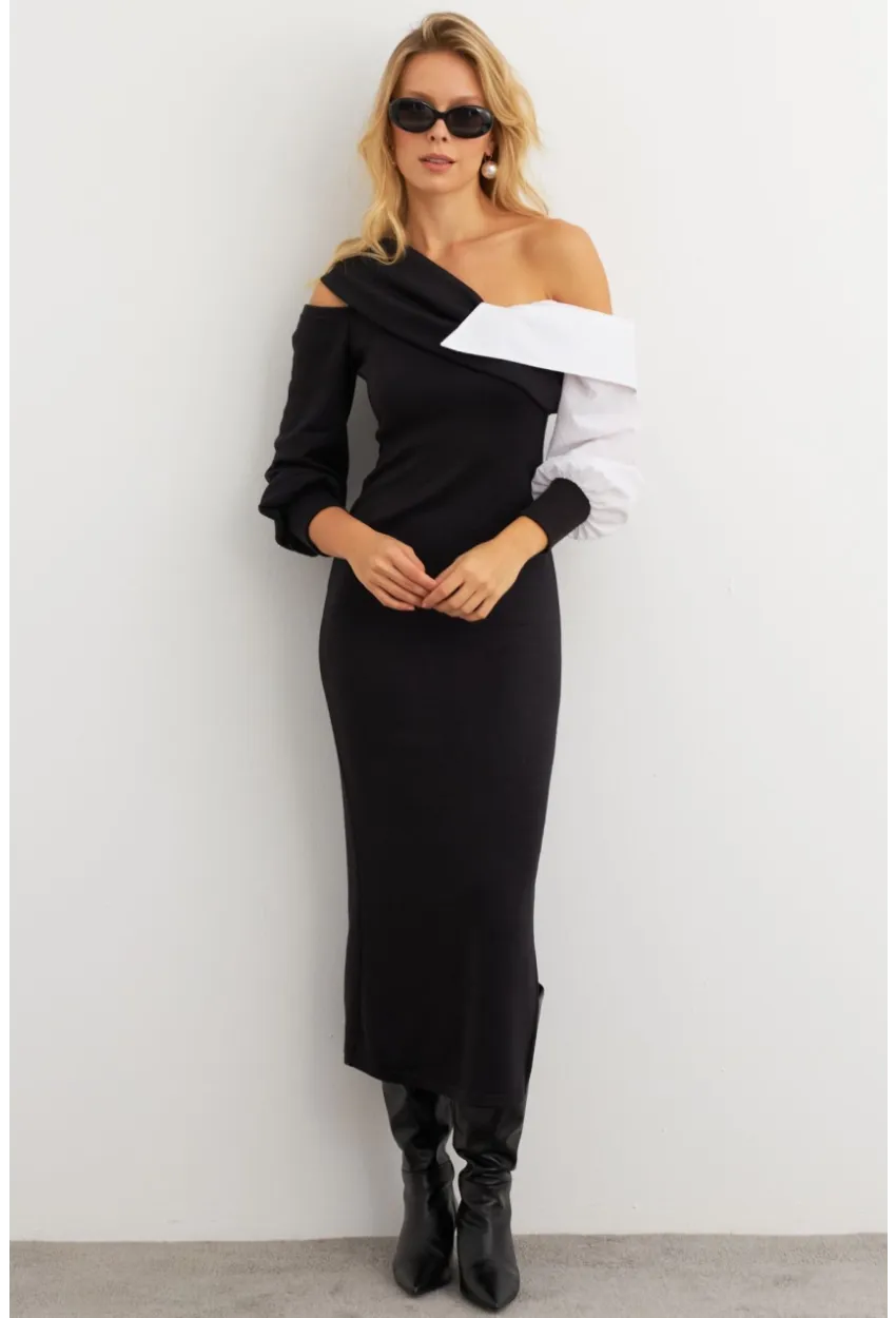 Kadın Siyah Blok Kumaşlı Asimetrik Yaka Maxi Elbise KED4469