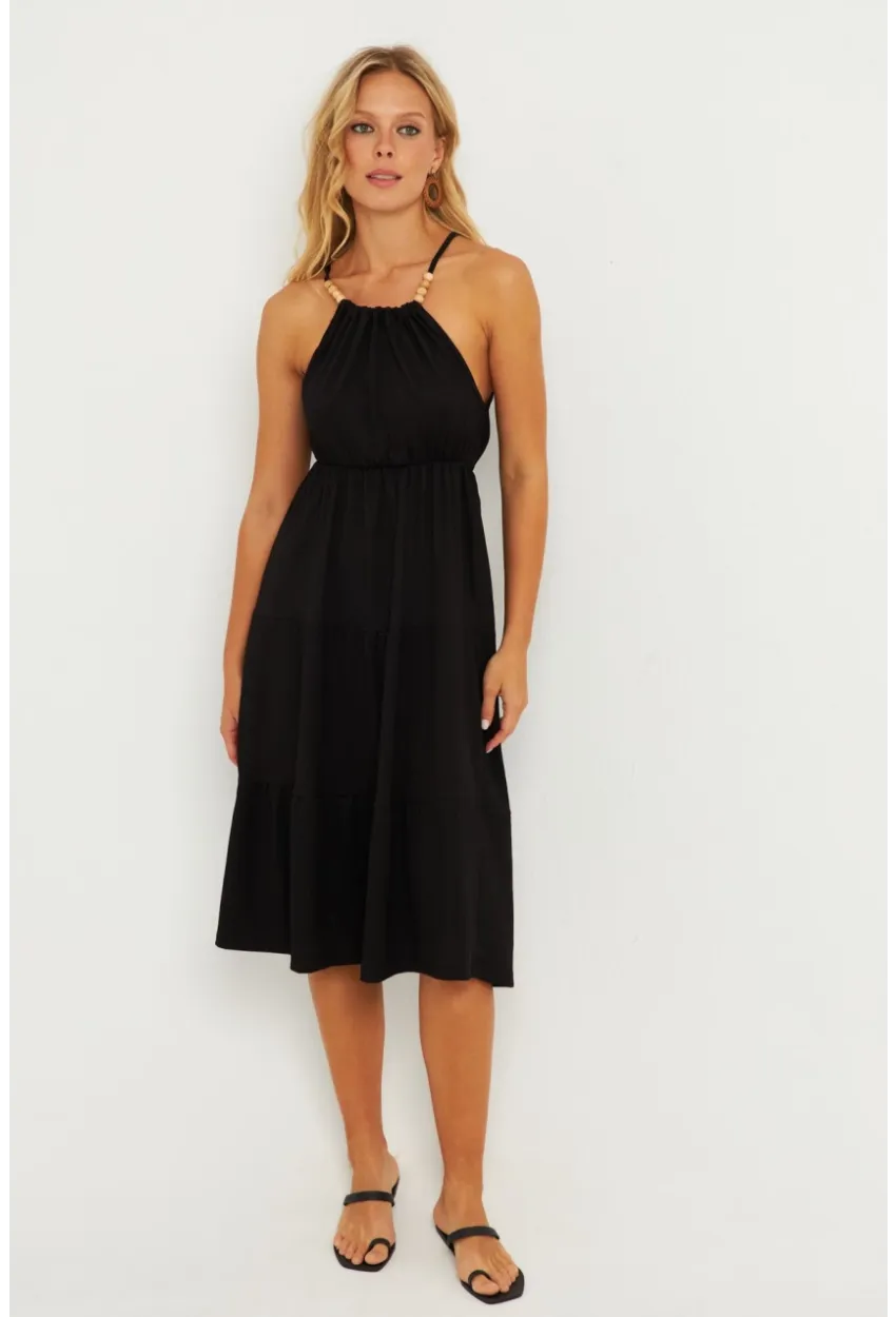 Kadın Siyah Boncuk Detaylı Bürümcük Midi Elbise HO52