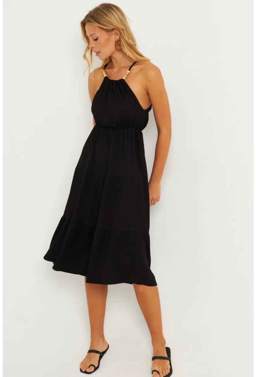 Kadın Siyah Boncuk Detaylı Bürümcük Midi Elbise HO52