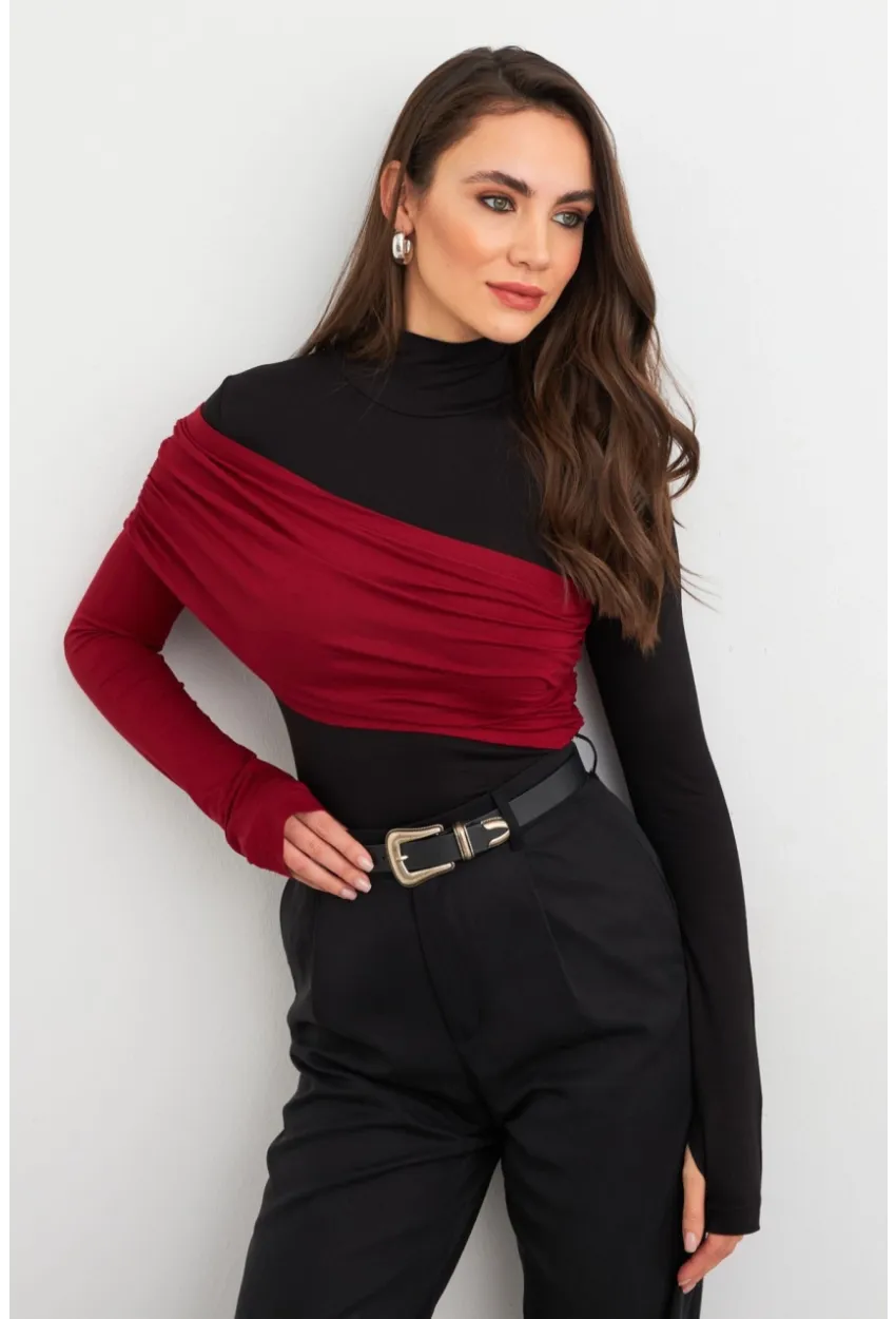 Kadın Siyah-Bordo Bloklu Bluz EY3018