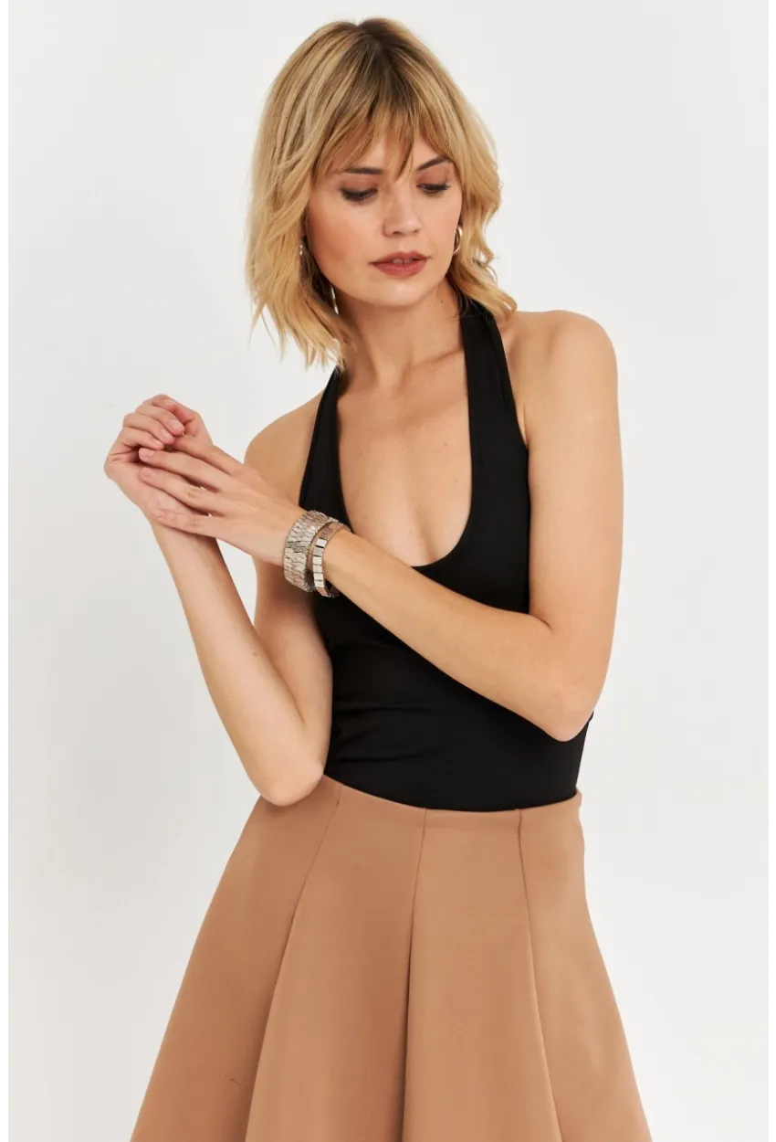 Kadın Siyah Boyun Askılı Crop Bluz TF69