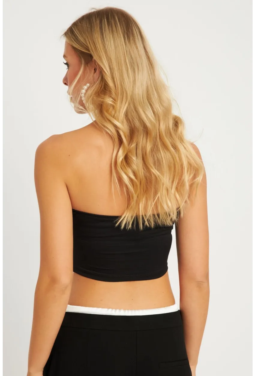Kadın Siyah Boyun Bağlamalı Crop Bluz MON133