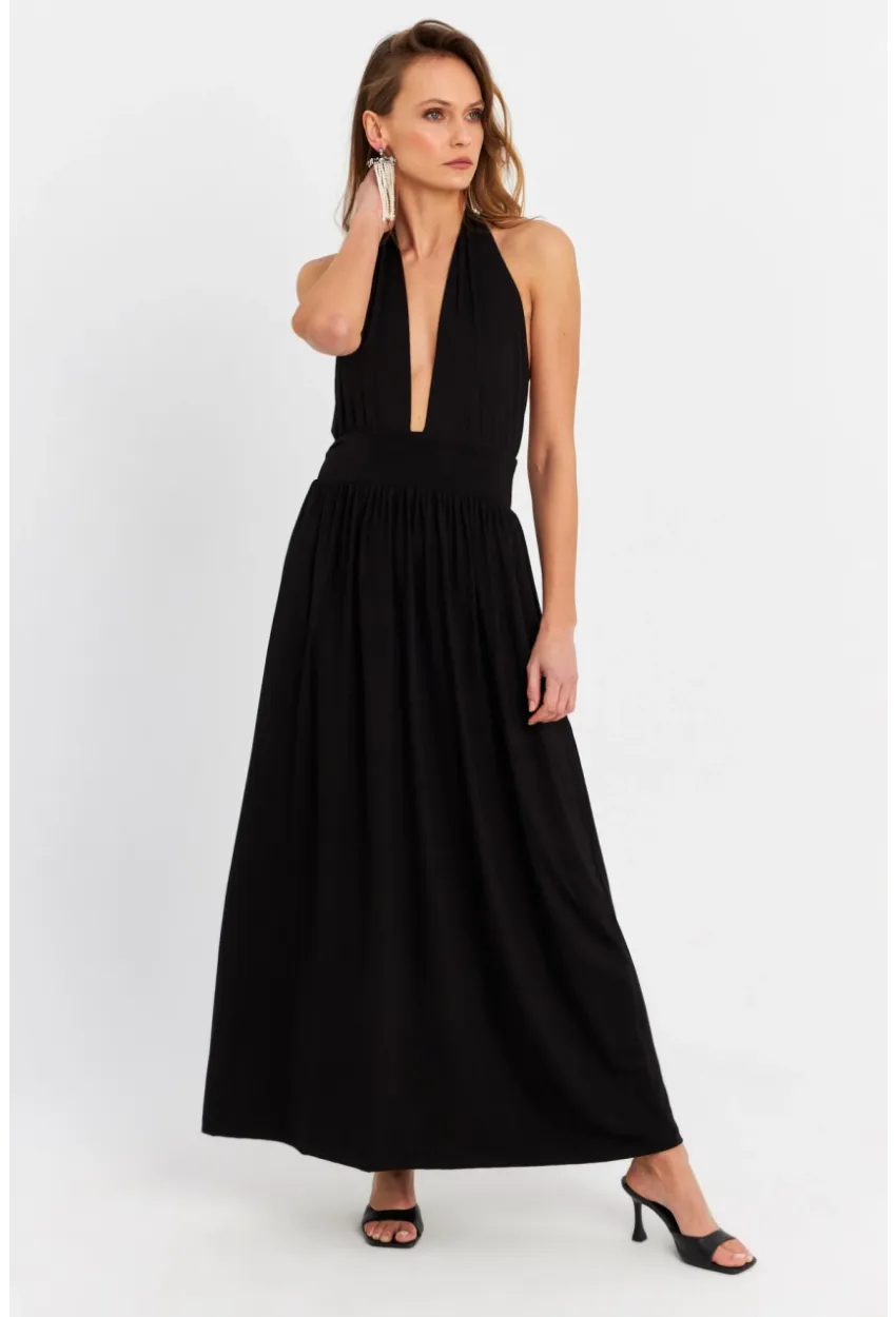 Kadın Siyah Boyun Bağlamalı Maxi Elbise EY3075