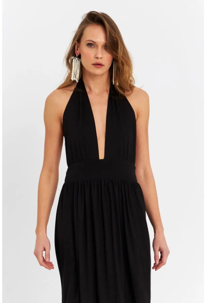 Kadın Siyah Boyun Bağlamalı Maxi Elbise EY3075