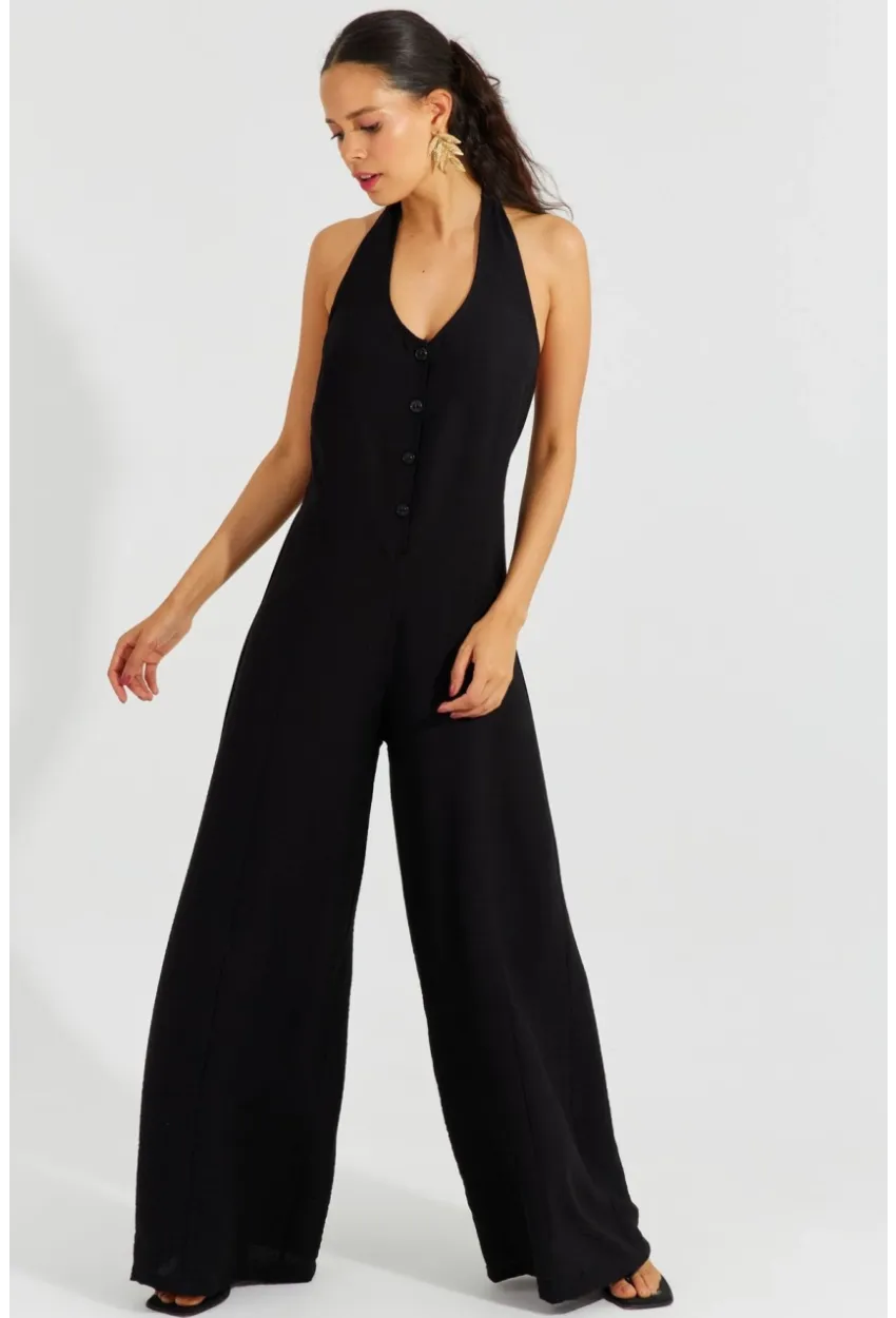 Kadın Siyah Boyundan Bağlamalı Gipeli Salaş Tulum BK1660