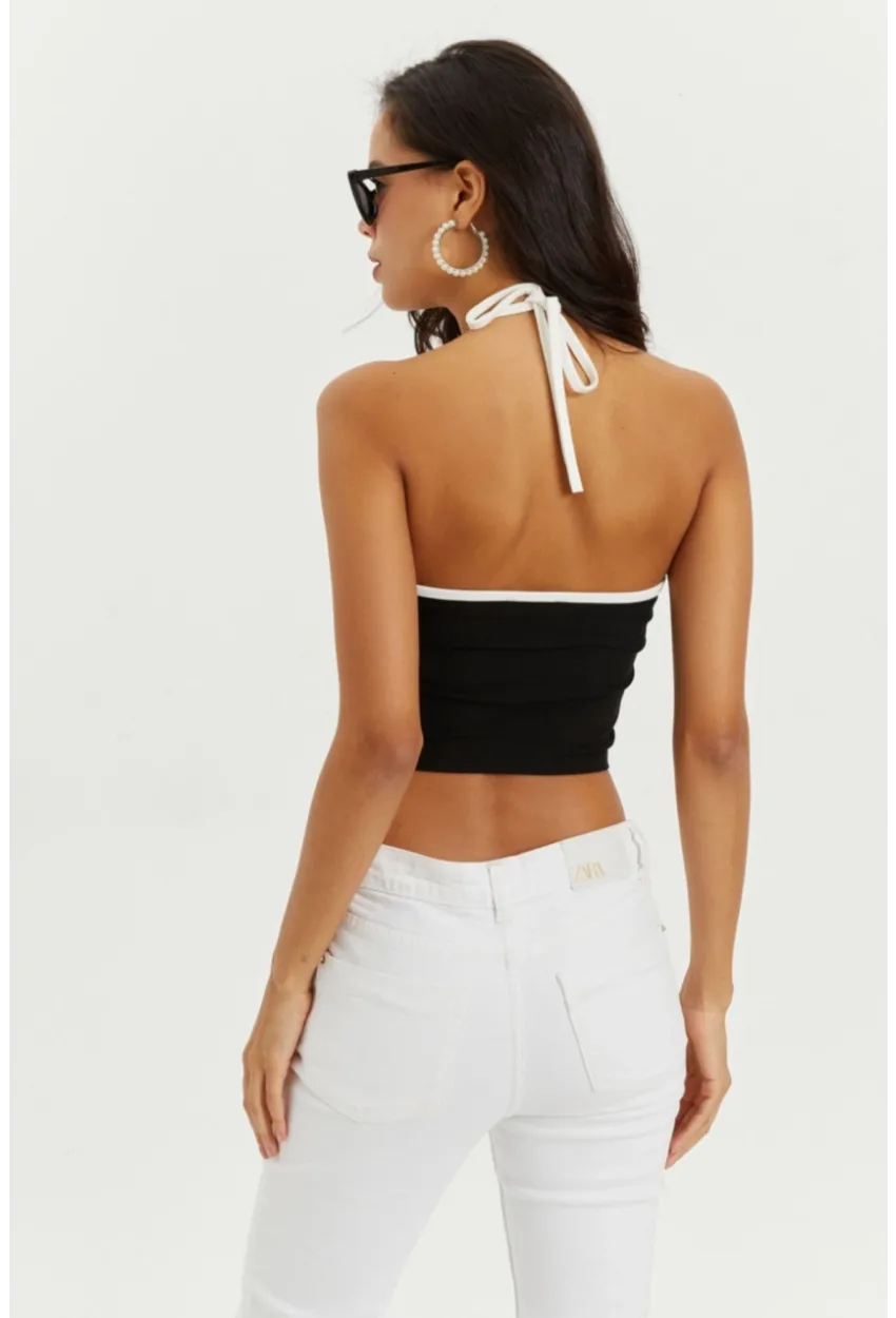 Kadın Siyah Boyundan Bağlamalı Halkalı Crop Bluz B1809