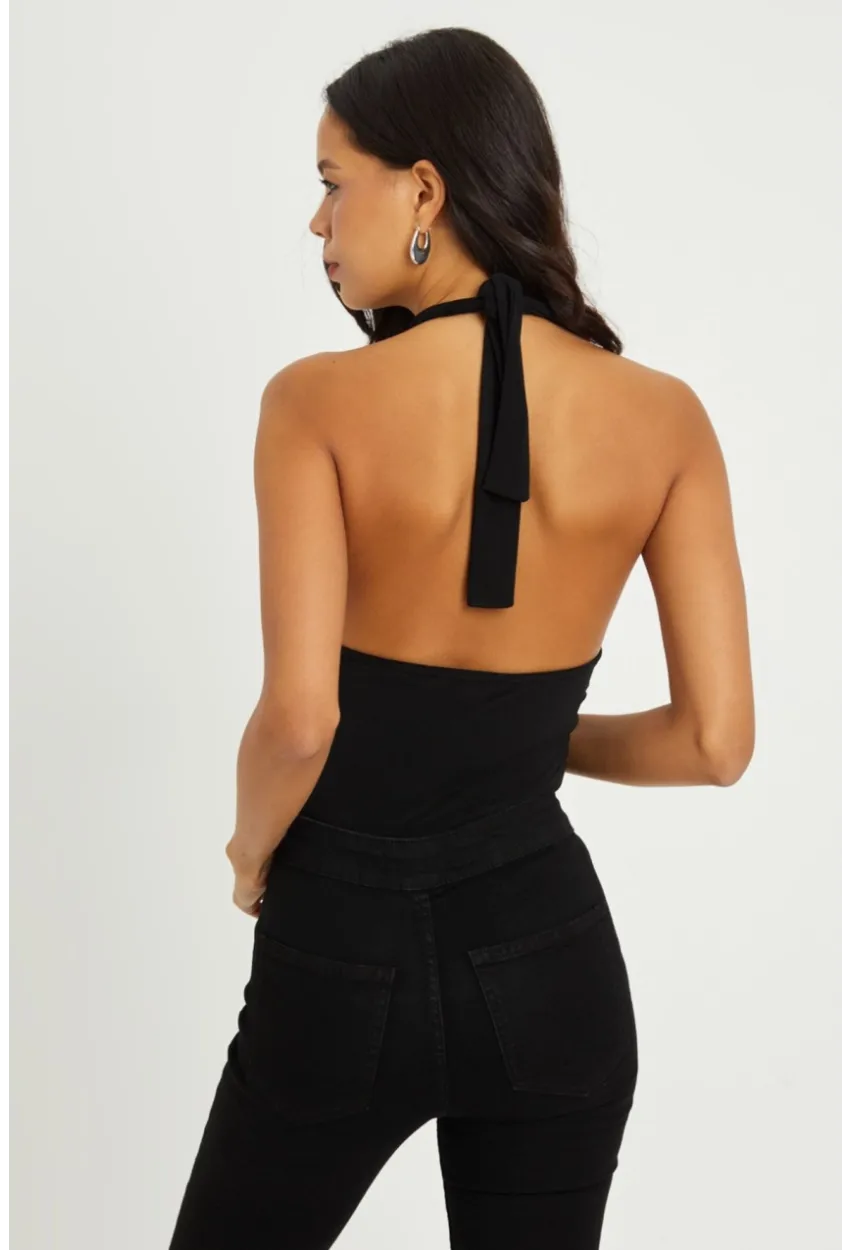 Kadın Siyah Boyundan Bağlamalı Sırtı Açık Body B203-9