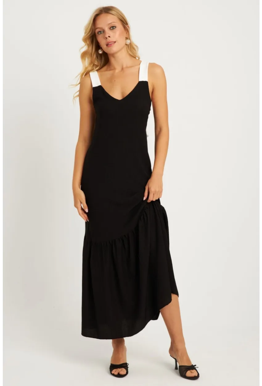 Kadın Siyah Bürümcük Kontrast Midi Elbise EY2829