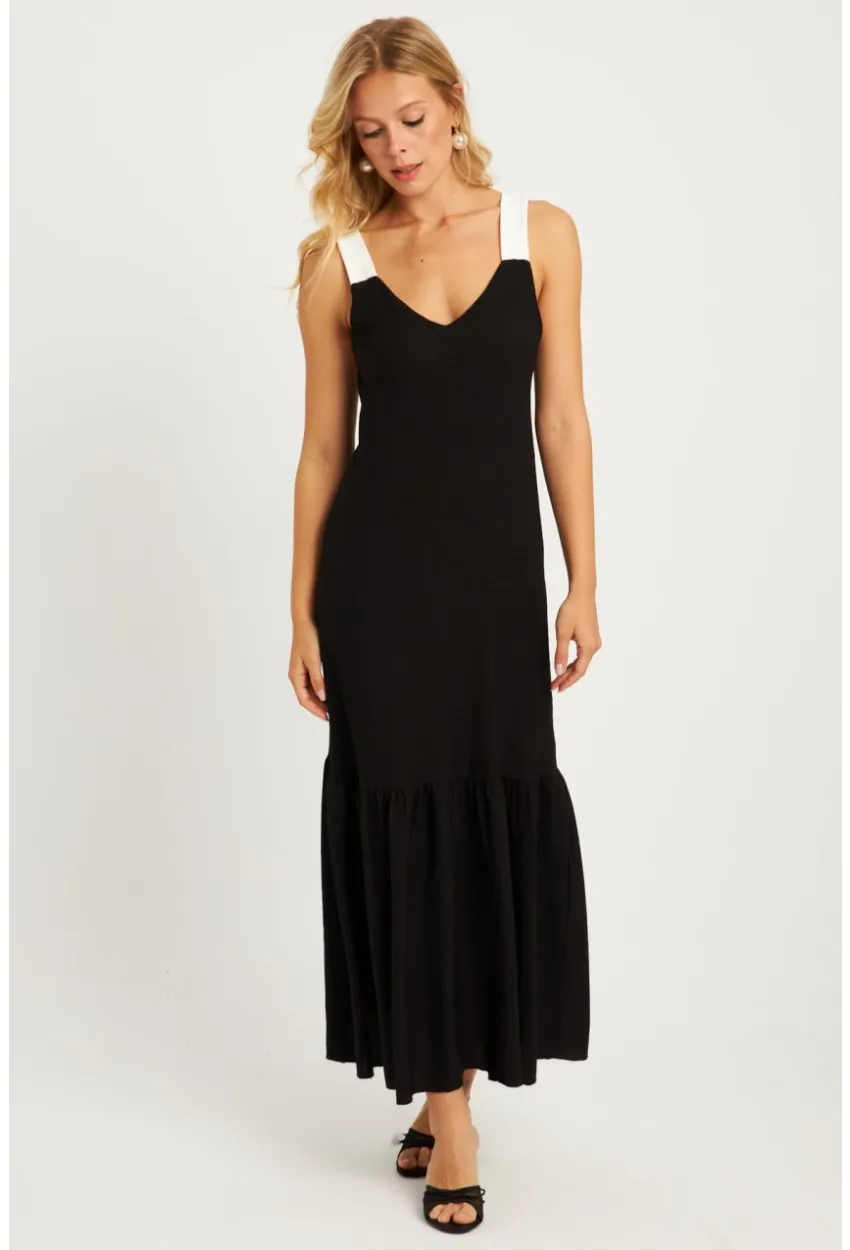 Kadın Siyah Bürümcük Kontrast Midi Elbise EY2829