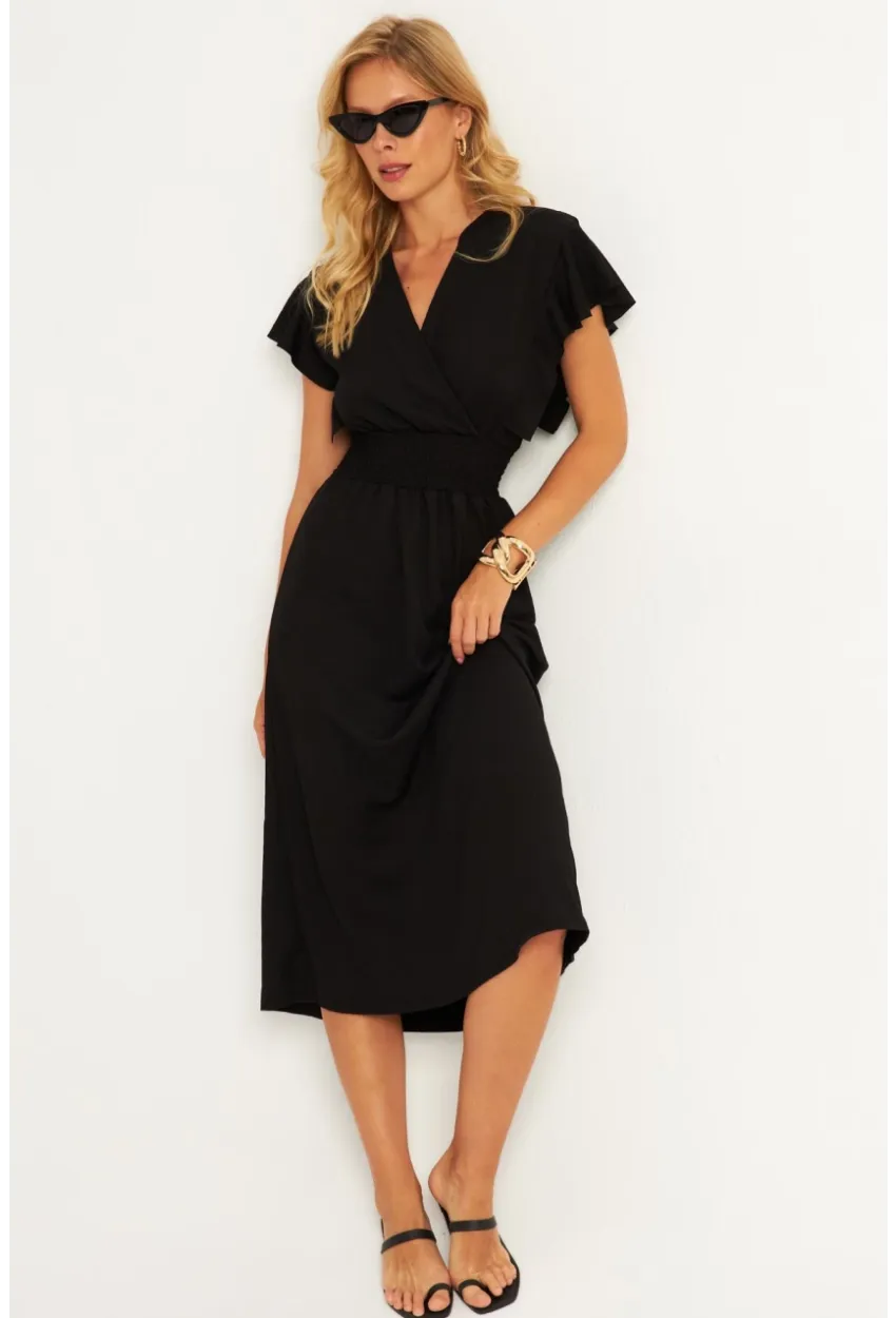 Kadın Siyah Bürümcük Kruvaze Midi Elbise XL2008