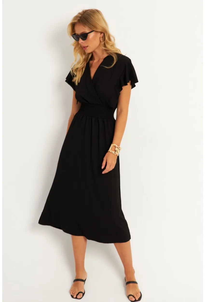 Kadın Siyah Bürümcük Kruvaze Midi Elbise XL2008