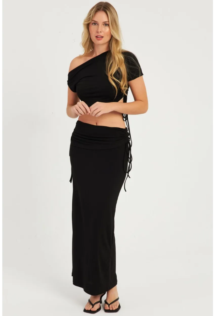 Kadın Siyah Büzgülü Alt Üst  Etek Takım YEL88