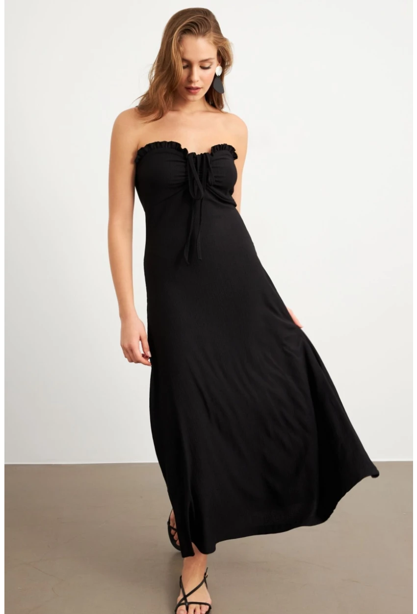 Kadın Siyah Büzgülü Bürümcük Midi Elbise EY3096