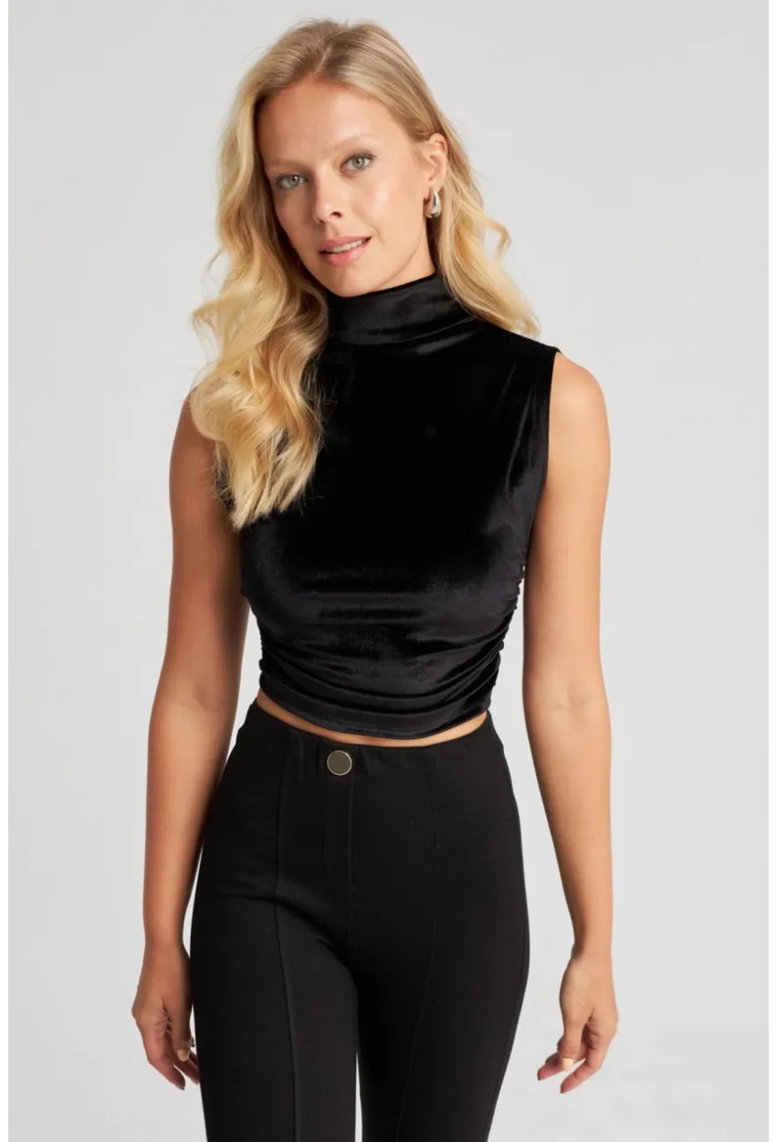 Kadın Siyah Büzgülü Kadife Bluz B228