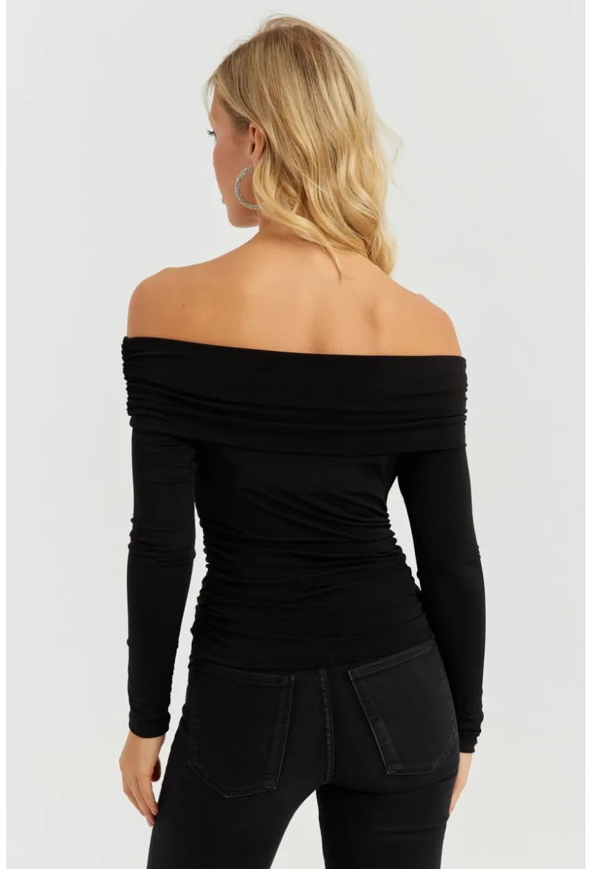Kadın Siyah Büzgülü Madonna Bluz MON1119