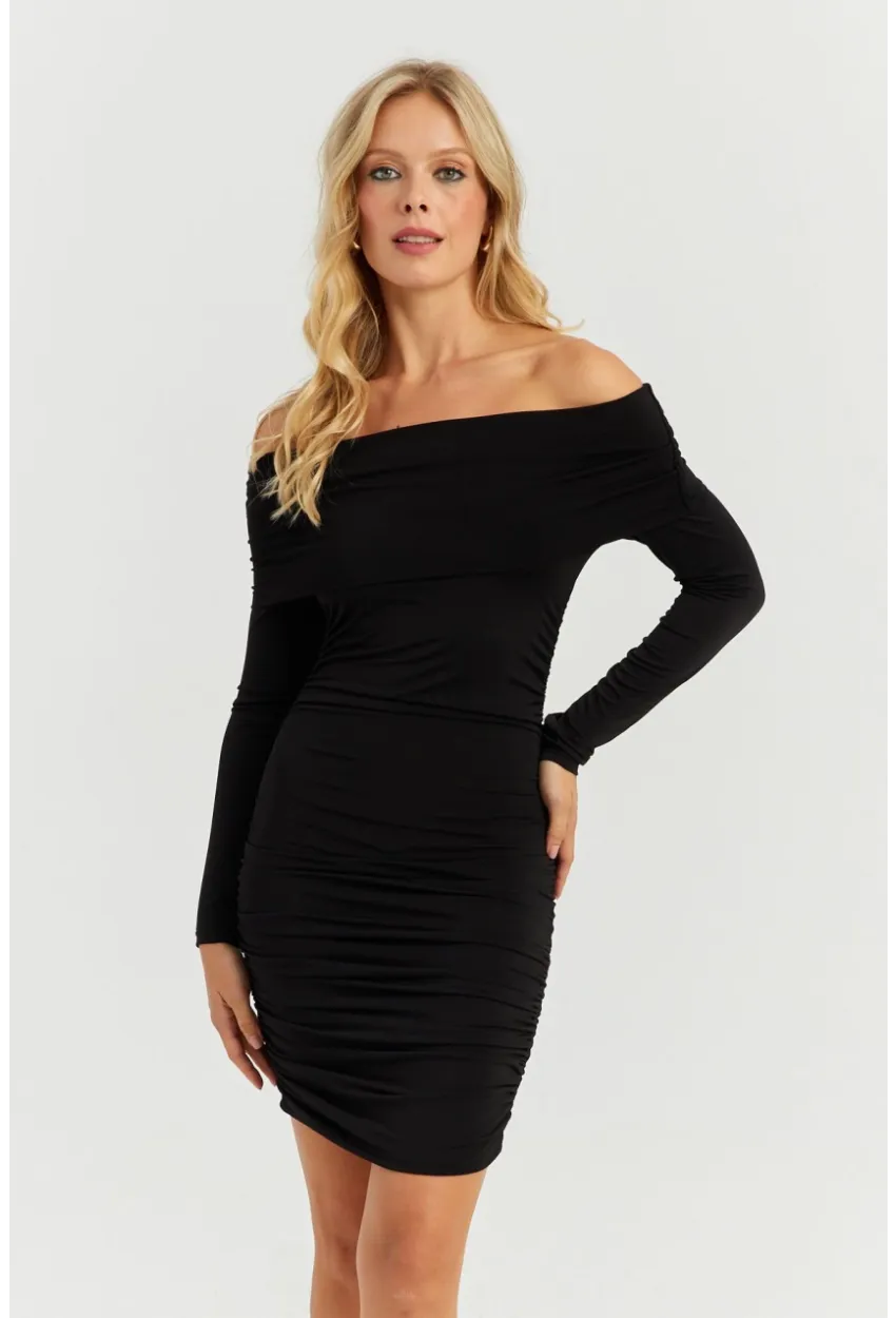 Kadın Siyah Büzgülü Madonna Mini Elbise MON1118