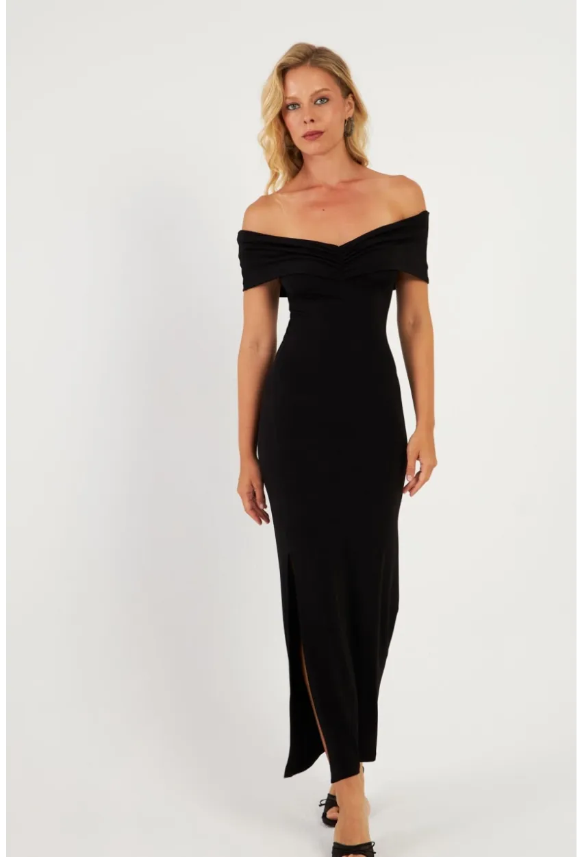 Kadın Siyah Büzgülü Midi Elbise DMR965