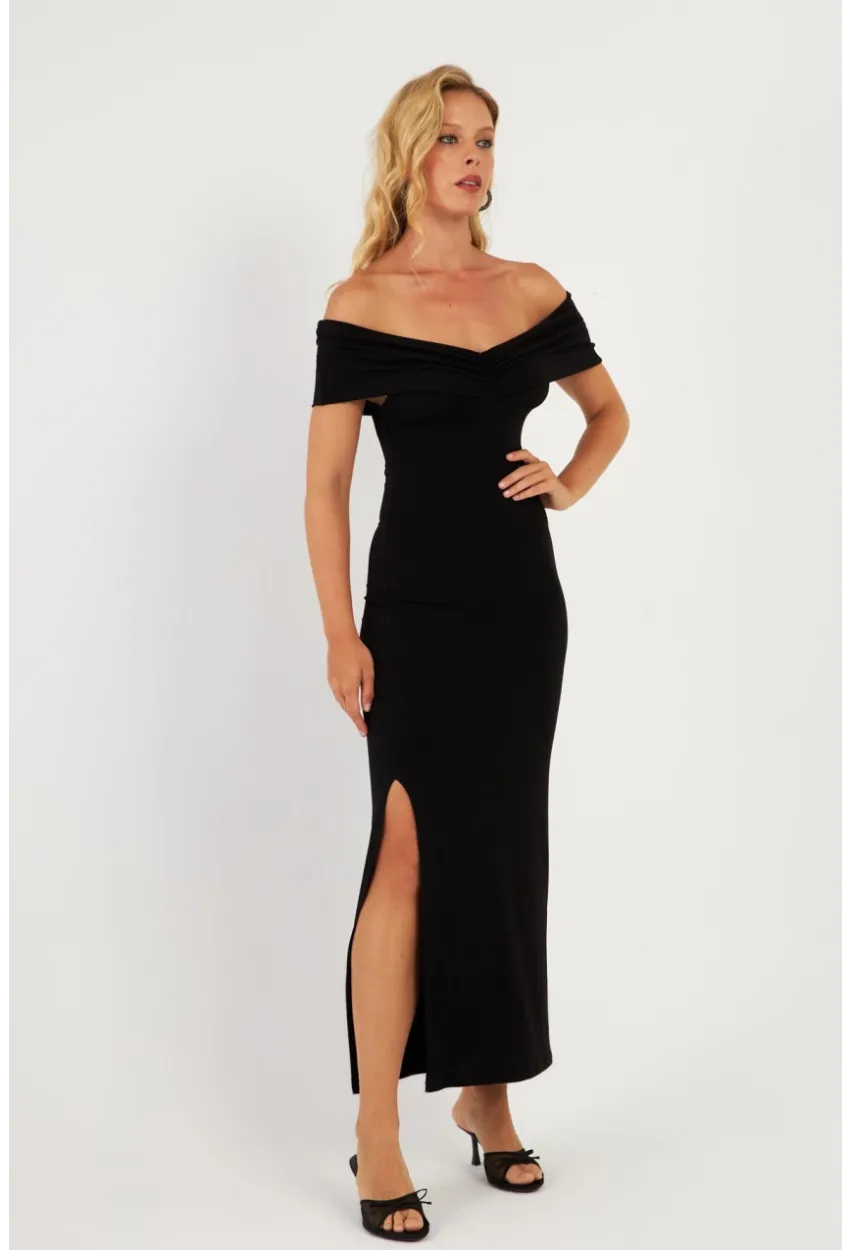 Kadın Siyah Büzgülü Midi Elbise DMR965