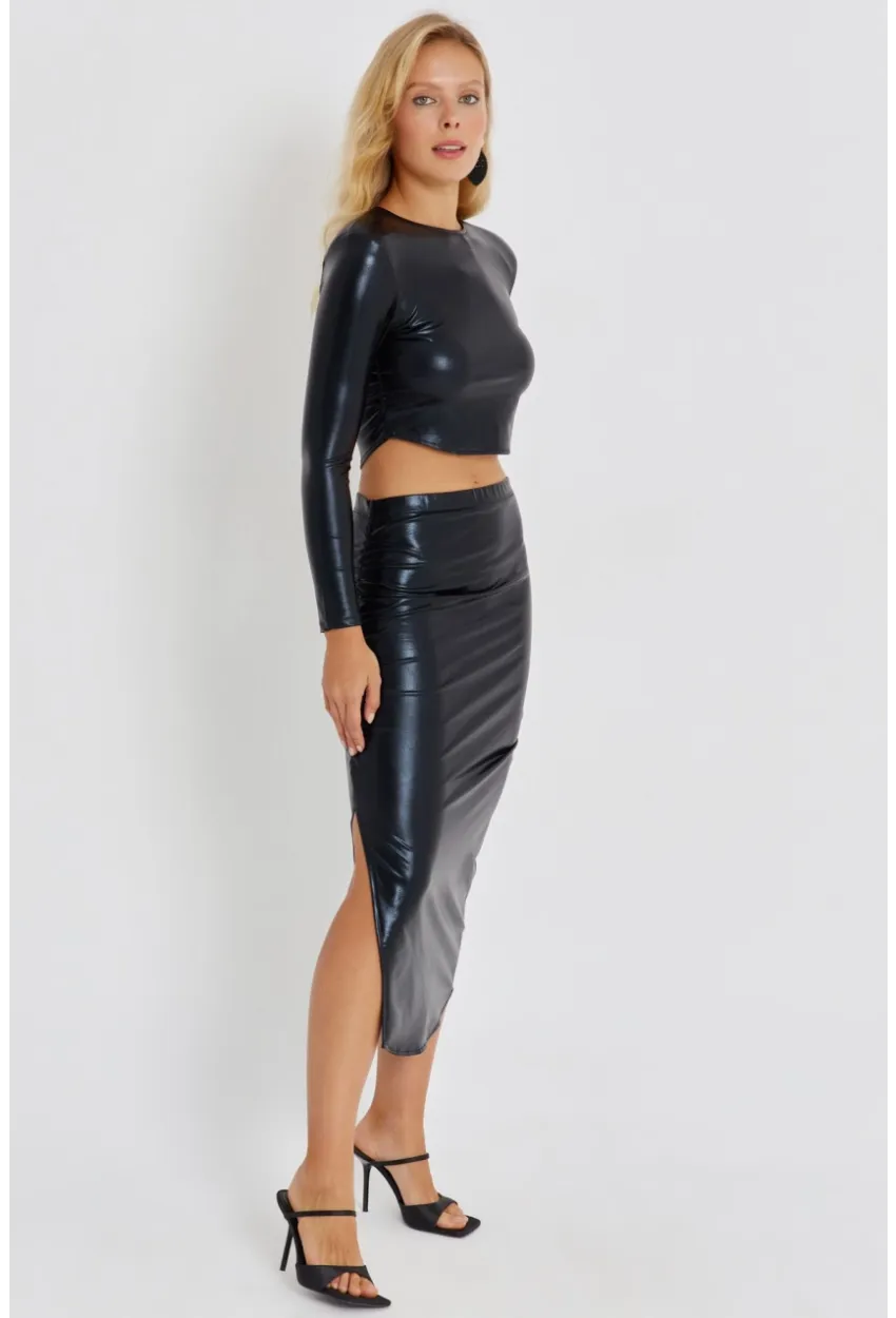 Kadın Siyah Büzgülü Parlak Etek Takım KED4046