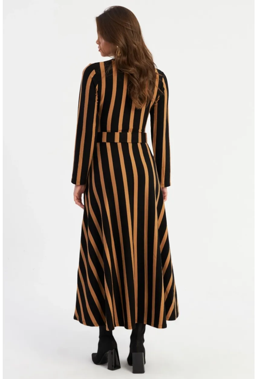 Kadın Siyah-Camel Kruvaze Kemerli Maxi Elbise MVTN4