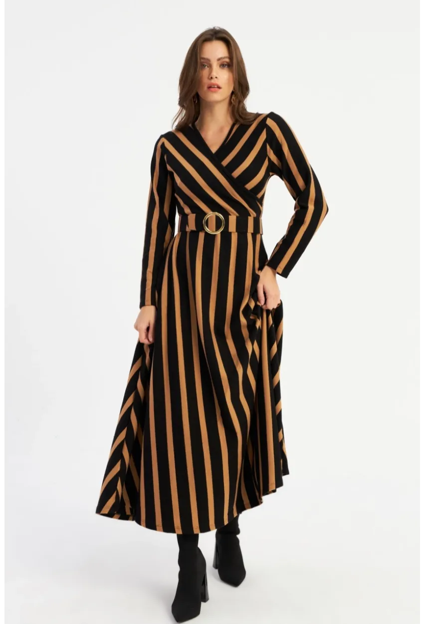 Kadın Siyah-Camel Kruveze Kemerli Maxi Elbise VTN4