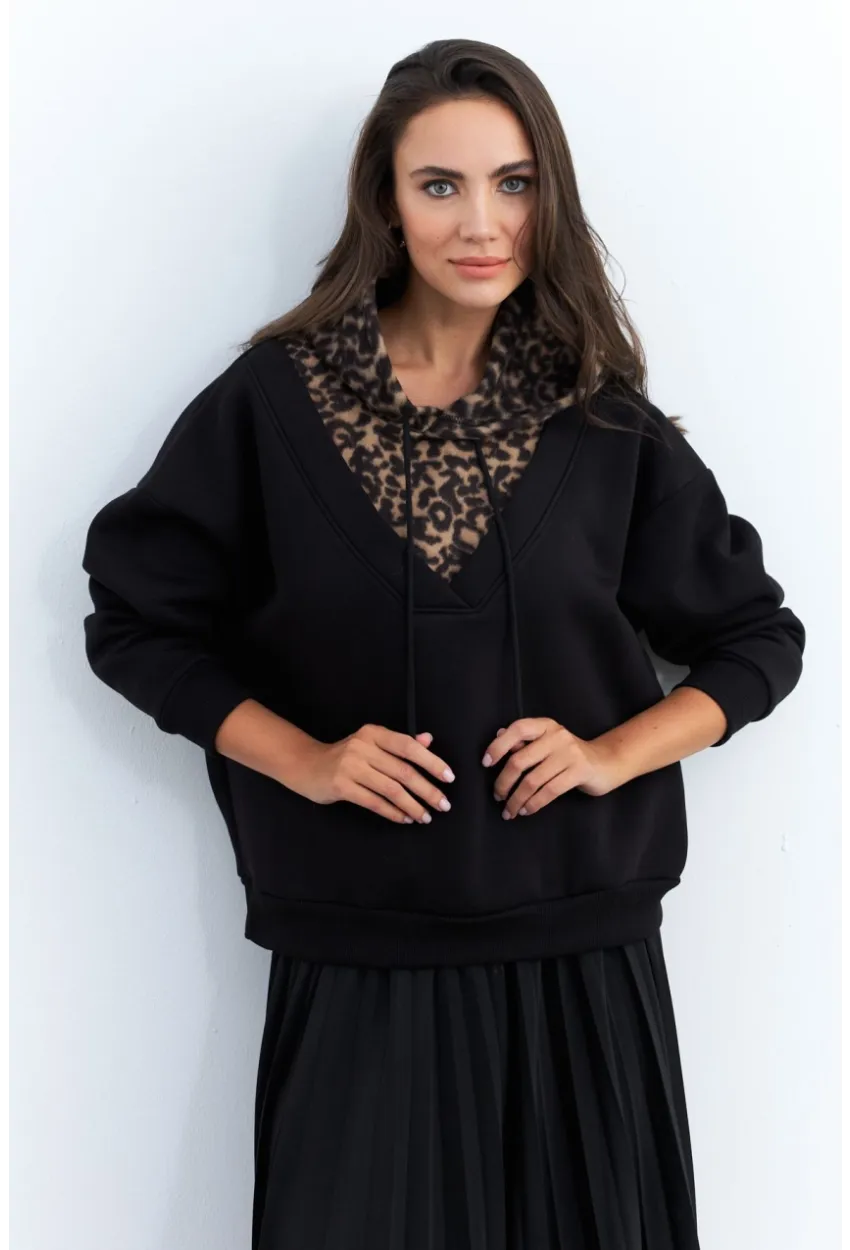 Kadın Siyah-Camel Leopar Bloklu Sweatshirt PP6415