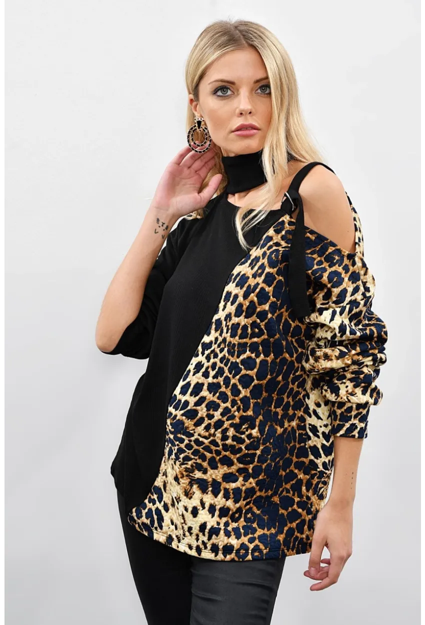 Kadın Siyah-Camel Tek Omuzu Açık Kontrast Sweatshirt Yİ1683