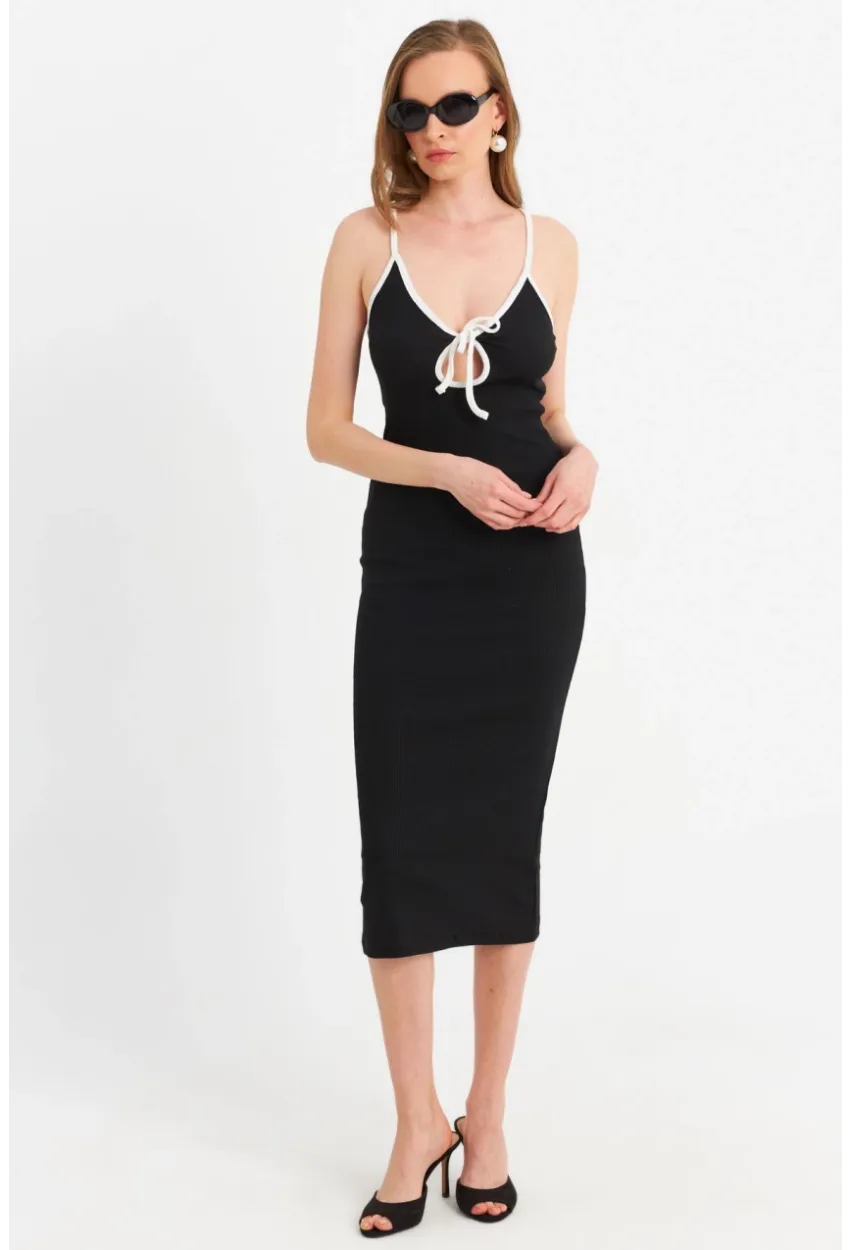 Kadın Siyah Çapraz Askılı Midi Elbise OR2452