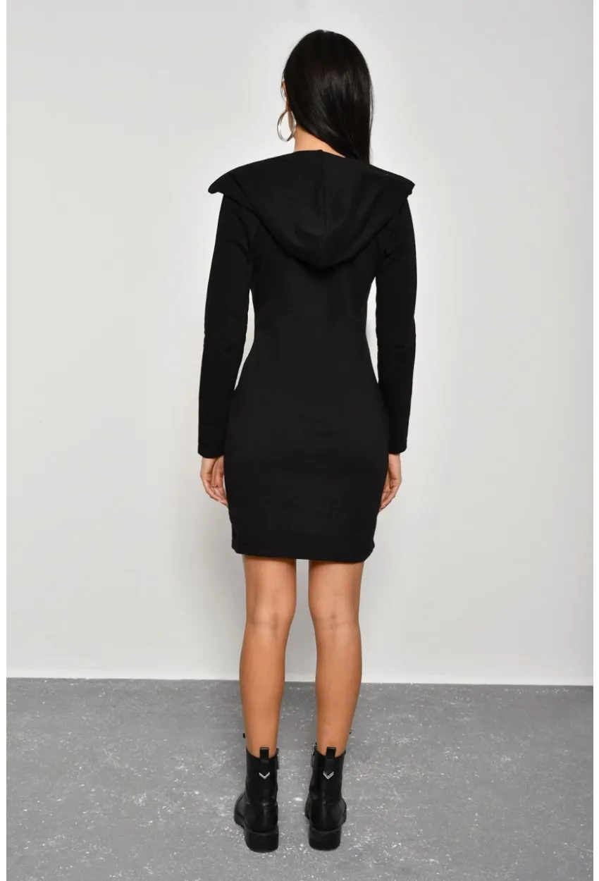 Kadın Siyah Çapraz Fermuarlı Kapüşonlu Sweat Elbise B61