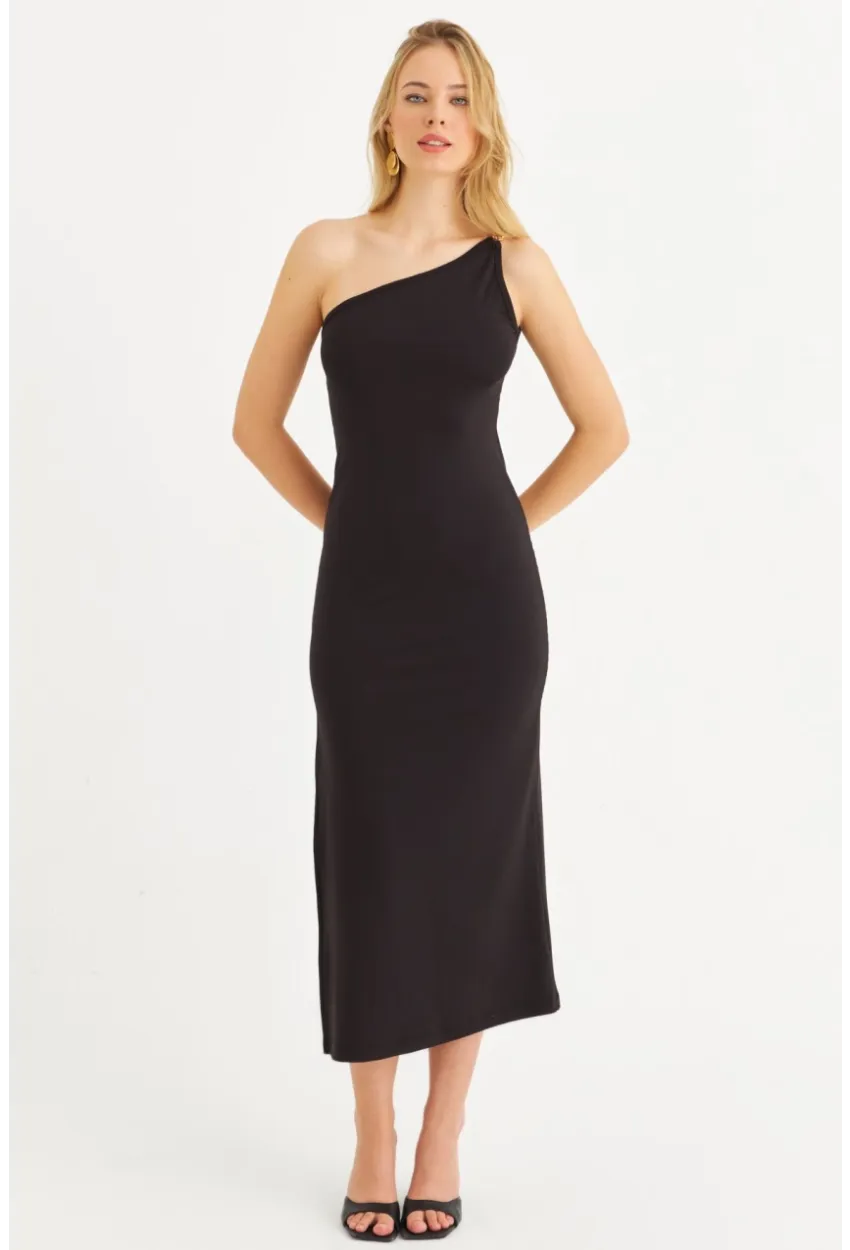 Kadın Siyah Çapraz Yaka Aksesuarlı Midi Elbise EY3088