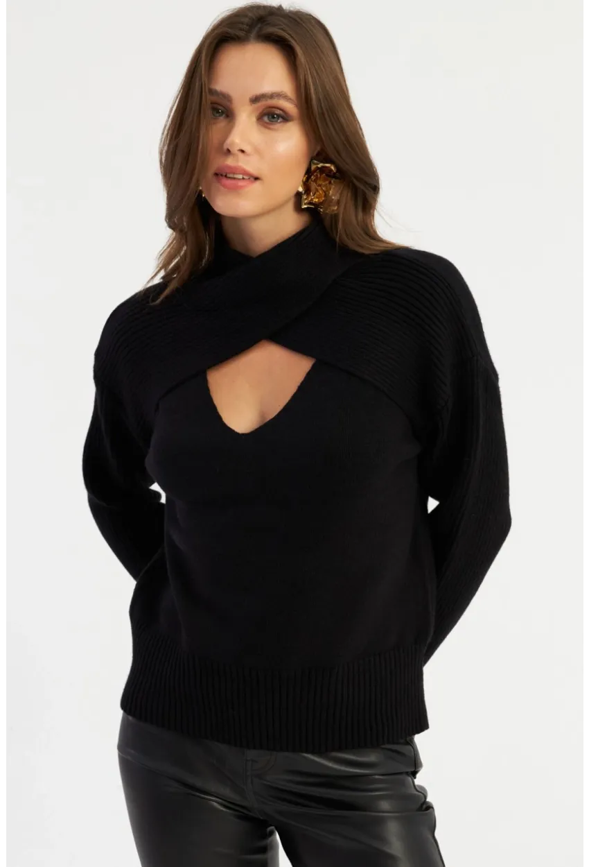 Kadın Siyah Çapraz Yaka Kazak AYD384