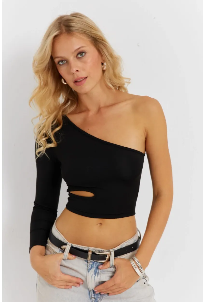 Kadın Siyah Çapraz Yaka Pencerli Crop Bluz CG366