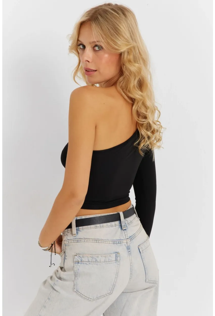 Kadın Siyah Çapraz Yaka Pencerli Crop Bluz CG366