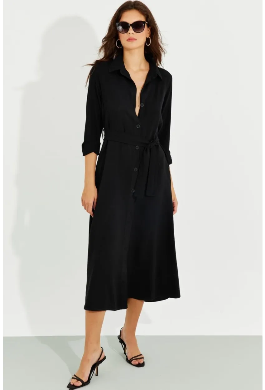 Kadın Siyah Cepli Gömlek Midi Elbise BK1683