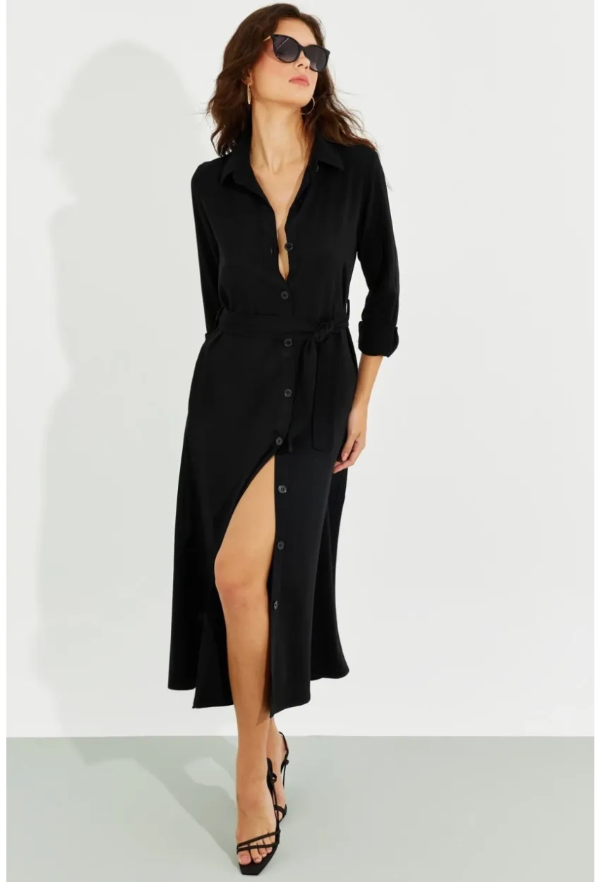 Kadın Siyah Cepli Gömlek Midi Elbise BK1683