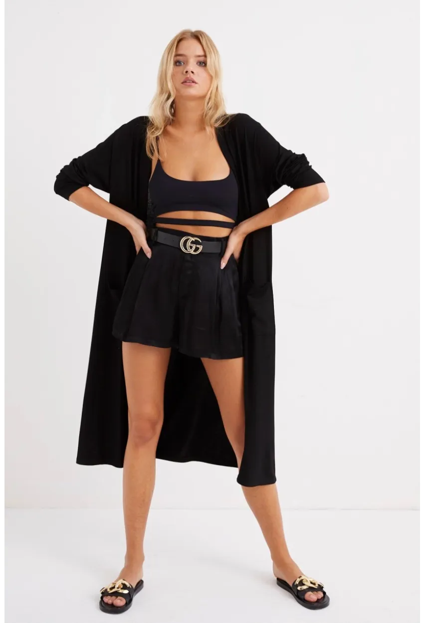 Kadın Siyah Cepli Maxi Hırka LV148