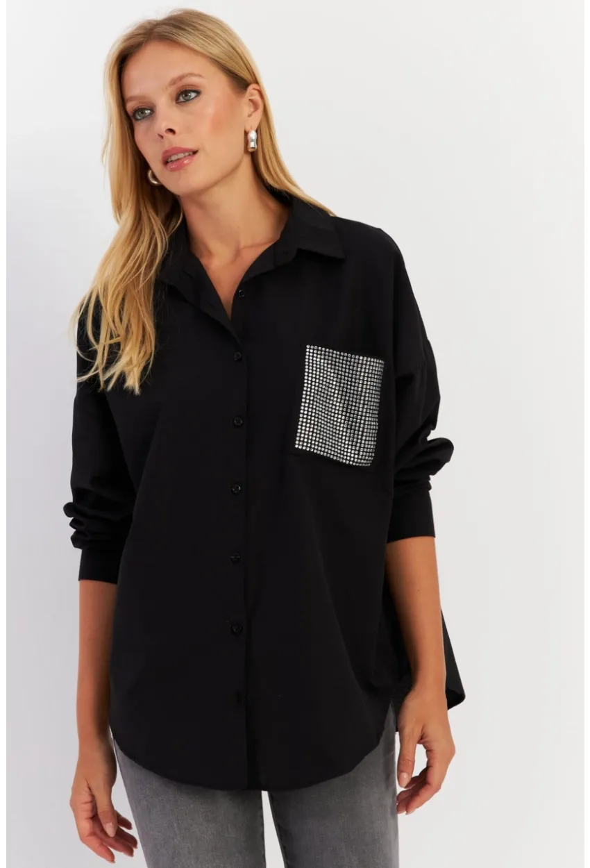 Kadın Siyah Cepli Taşlı Gömlek MZER414