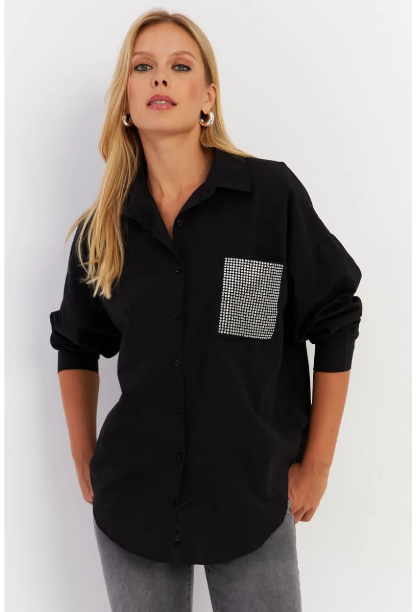 Kadın Siyah Cepli Taşlı Gömlek ZER414