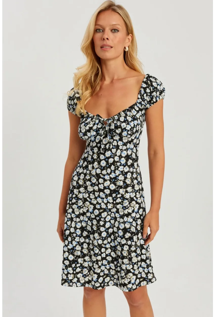 Kadın Siyah Çiçekli Mini Elbise GÇ165