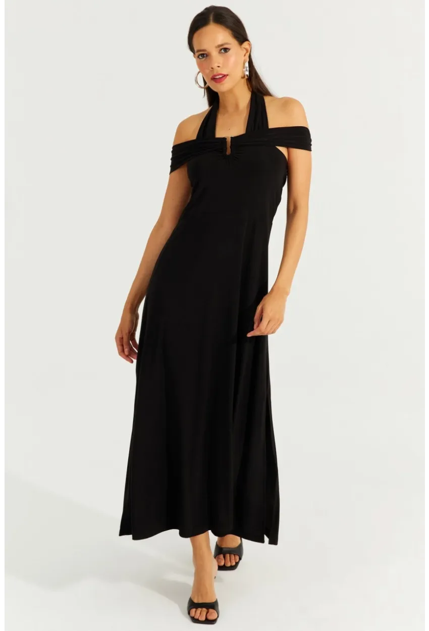 Kadın Siyah Çift Askılı Maxi Elbise BK261084
