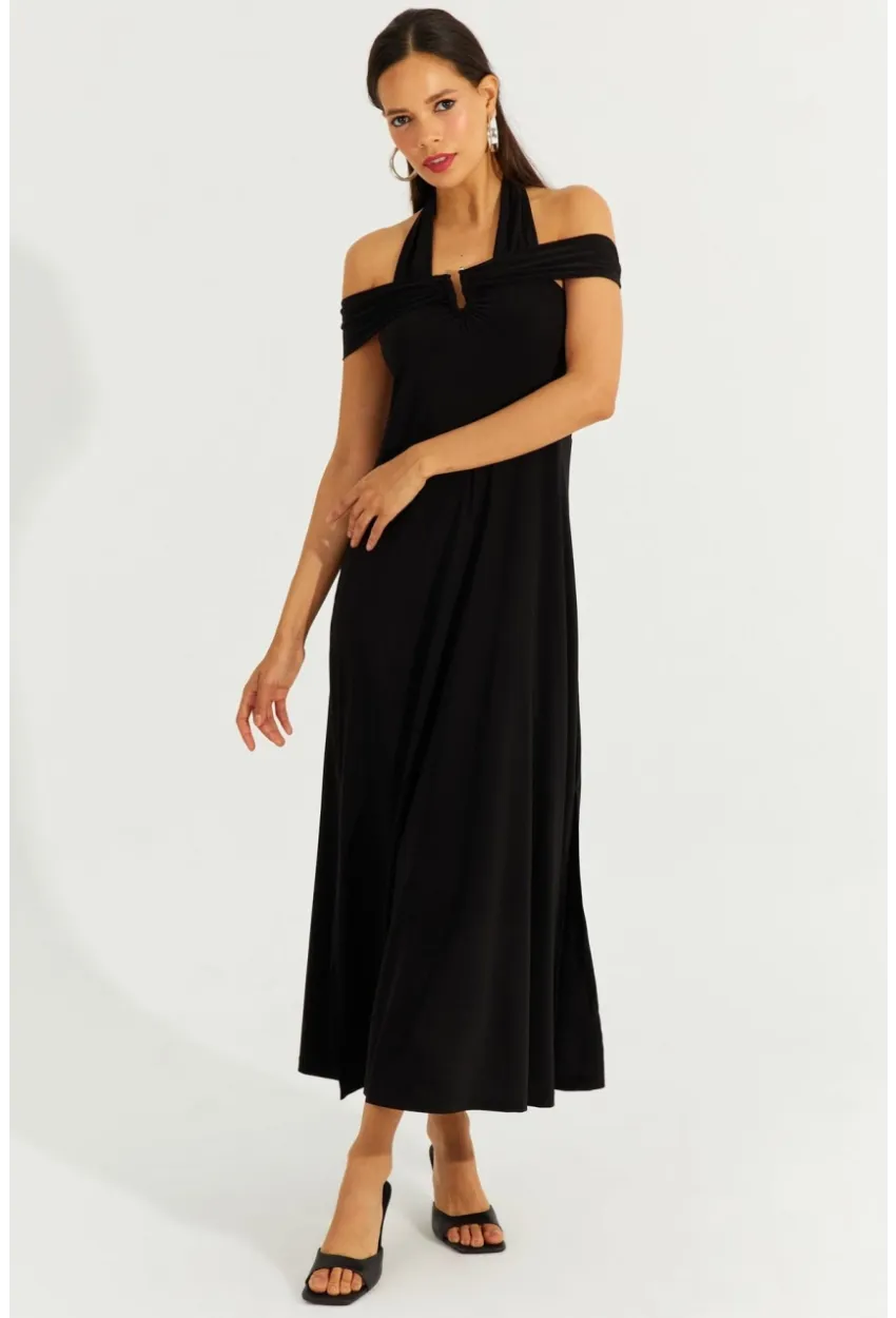 Kadın Siyah Çift Askılı Maxi Elbise BK261084