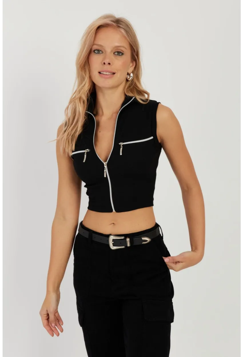 Kadın Siyah Çift Fermuarlı Kaşkorse Bluz EY2735