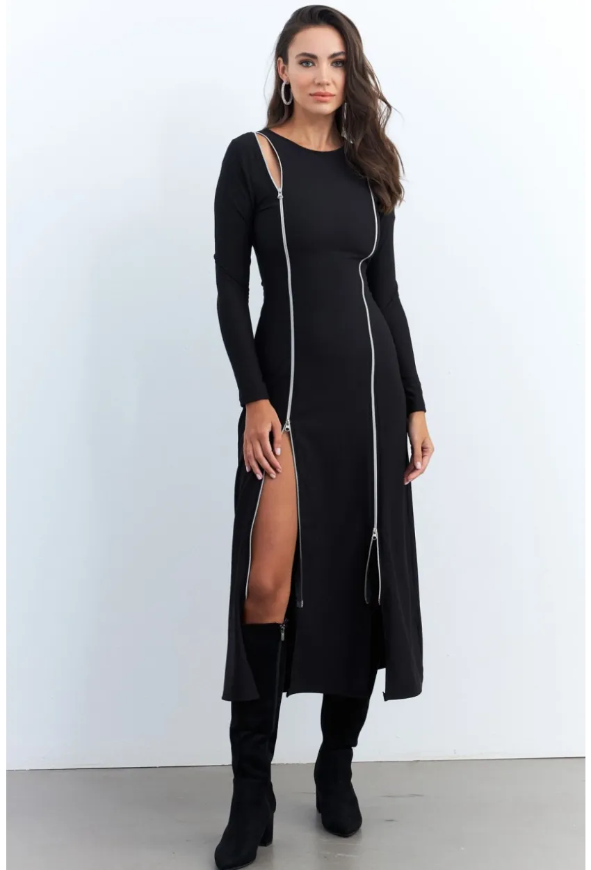 Kadın Siyah Çift Fermuarlı Maxi Elbise ELT4039