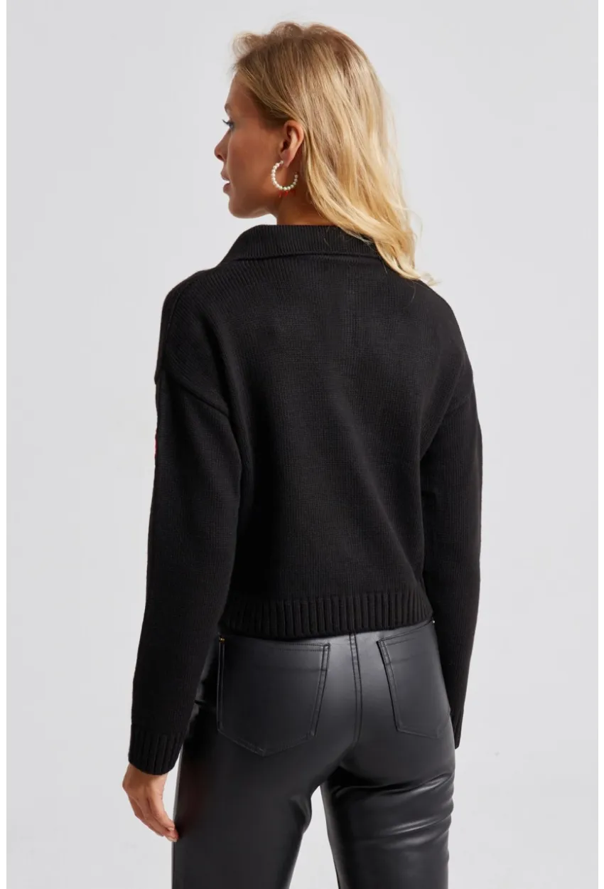 Kadın Siyah Çilek Desenli Triko Kazak KED140