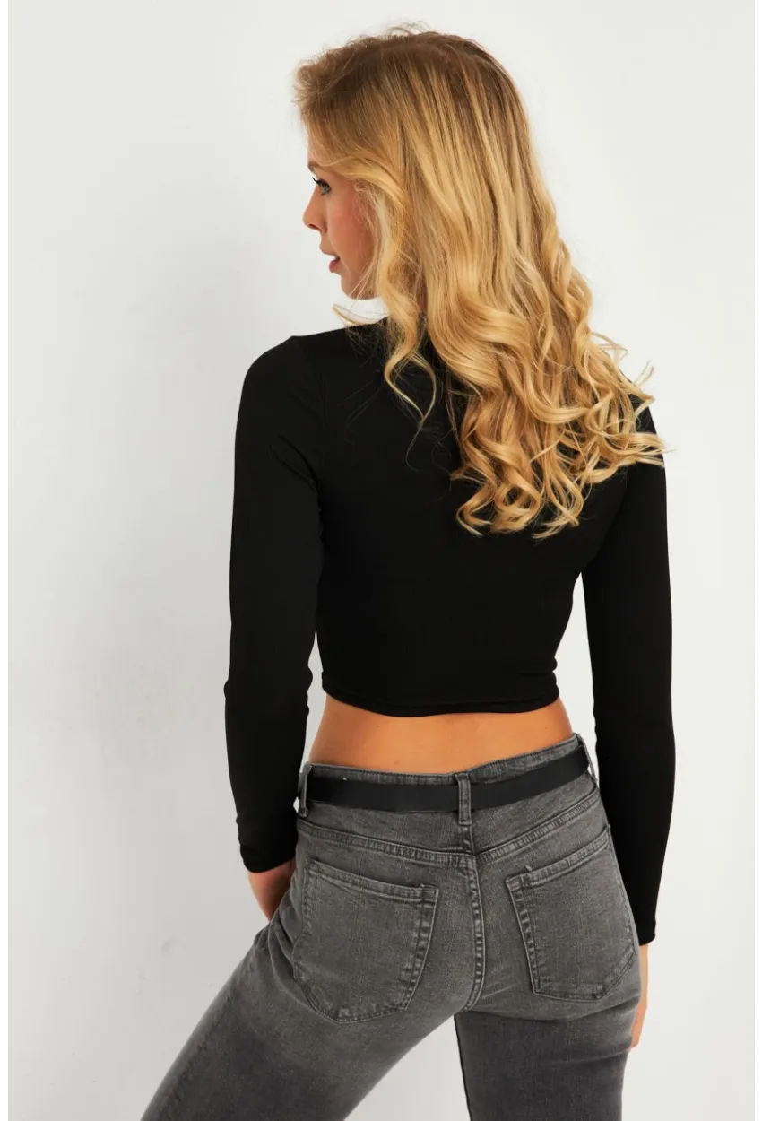 Kadın Siyah Çıtçıtlı Crop Bluz CG379