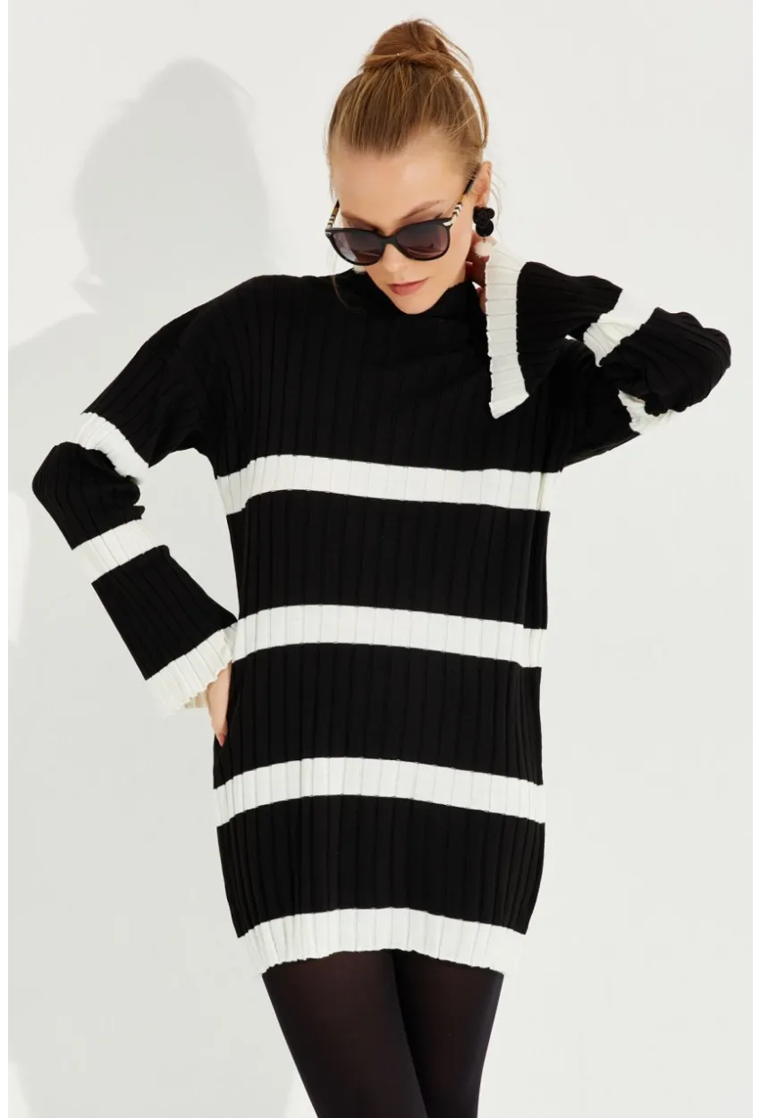 Kadın Siyah Çizgili Mini Triko Elbise YV212