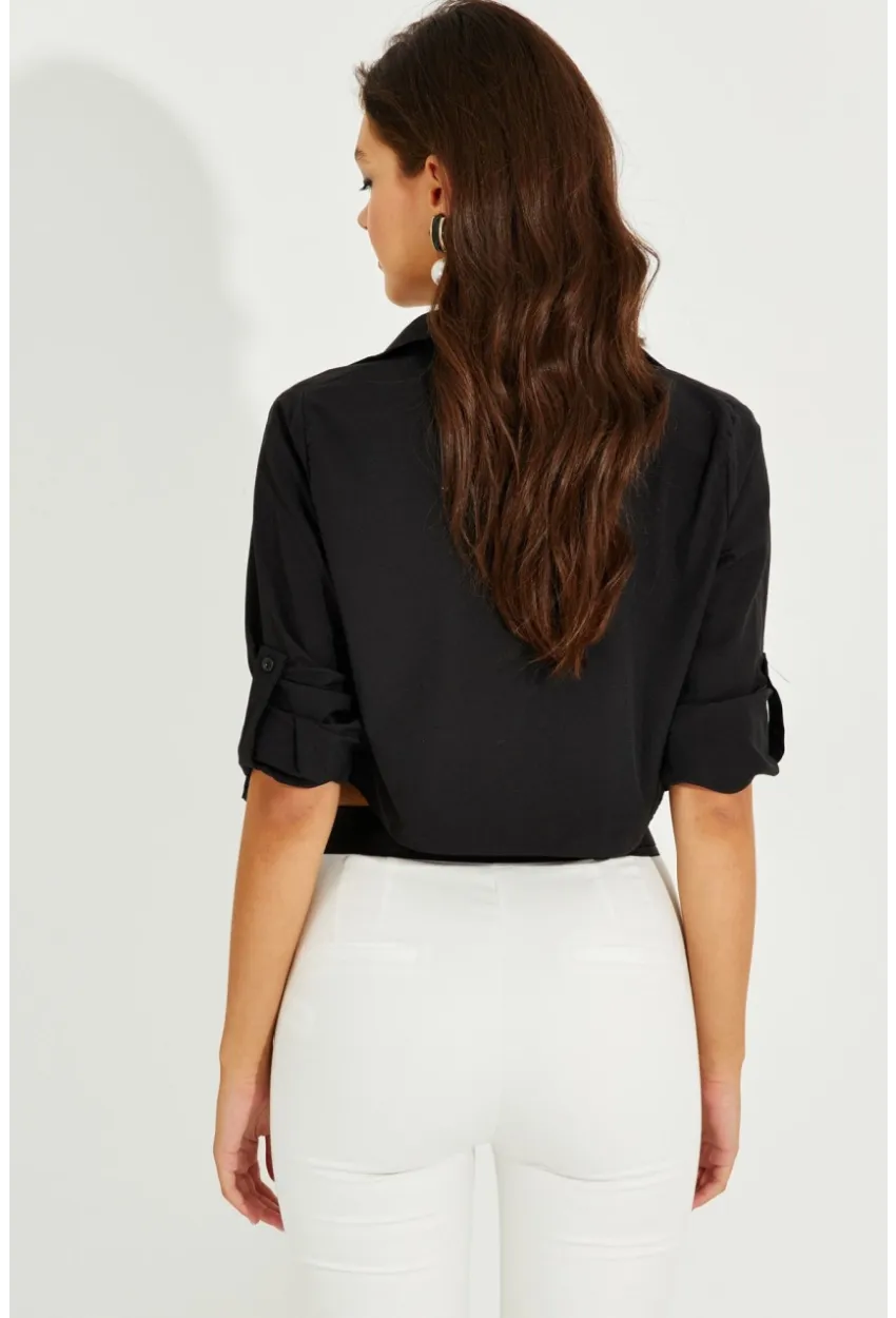 Kadın Siyah Crop Cepli Gömlek TD153