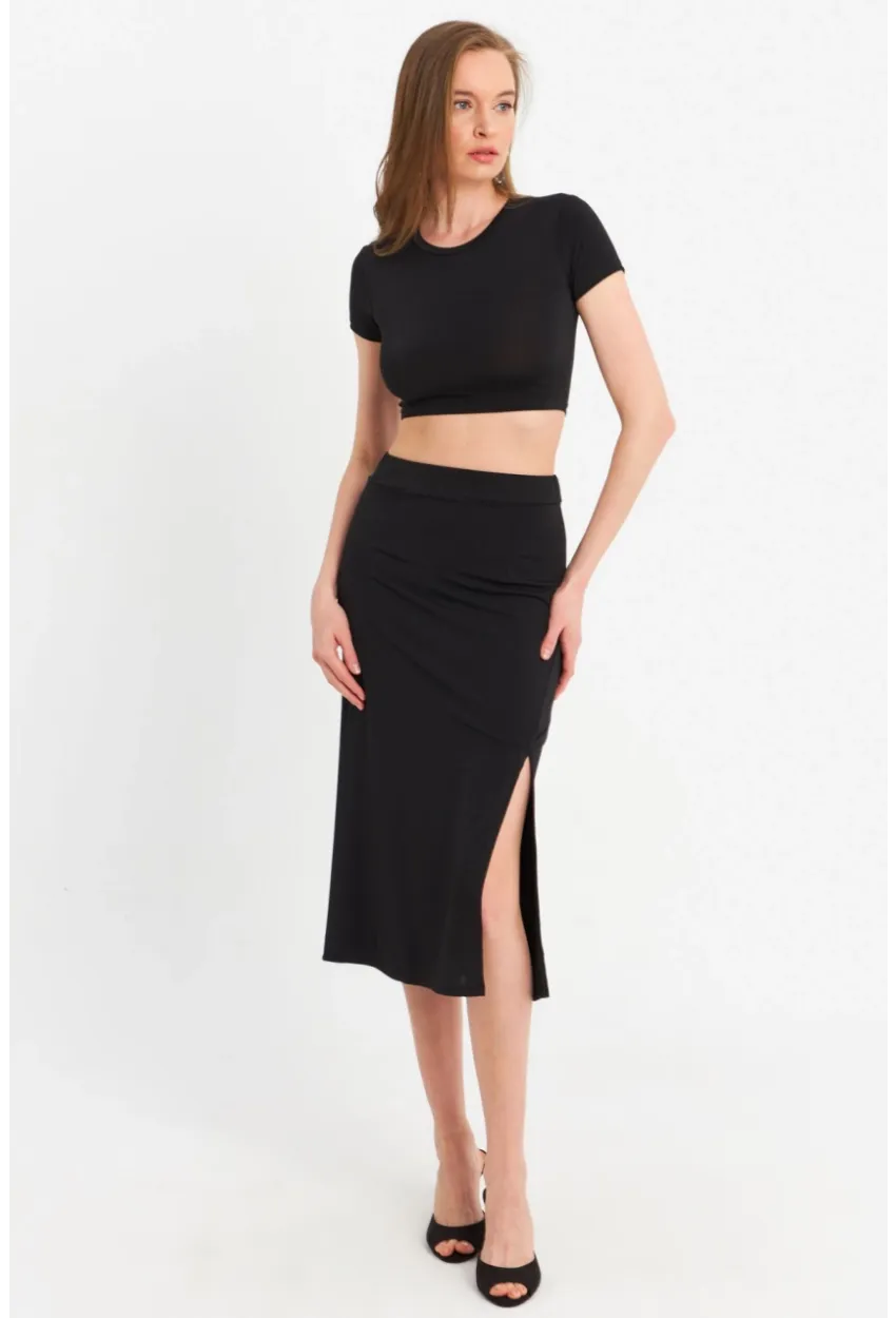 Kadın Siyah Crop Etek Takım MRS10004